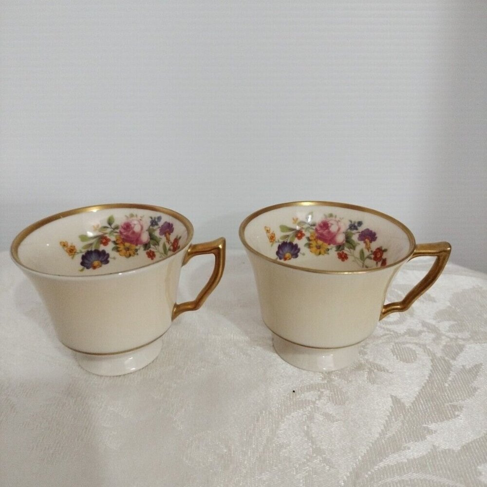 Old Ivory Syracuse China Teacup Cup Demitasse Floral Gold Guild Set Of 2